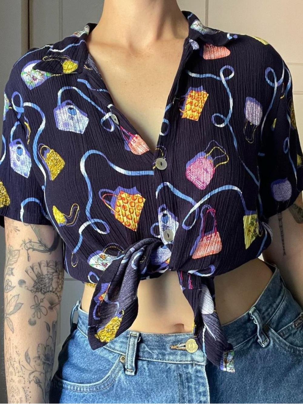 Vintage Handbag Purse Print Button Up